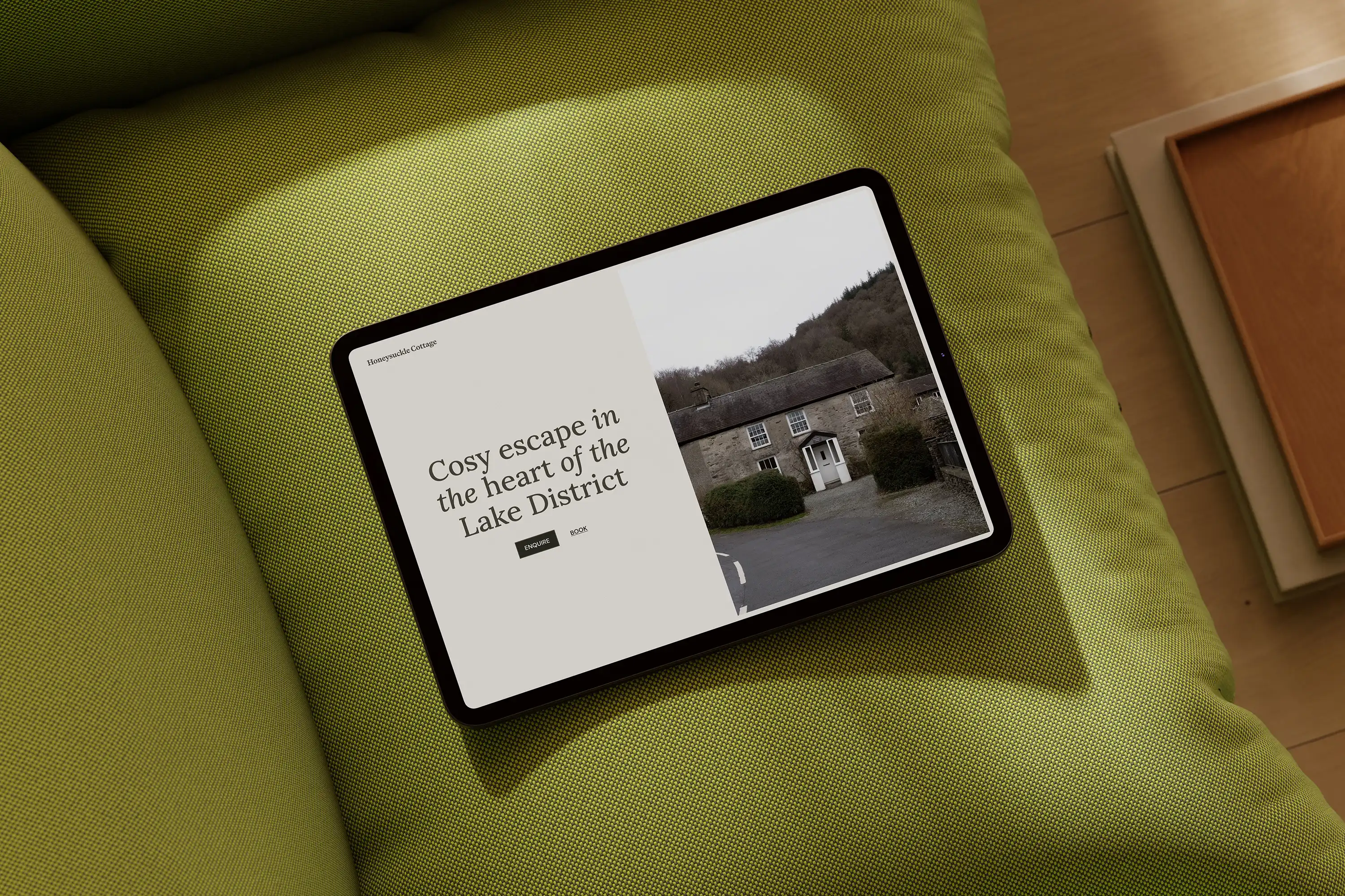 The Honeysuckle Cottage landing page viewed on an iPad